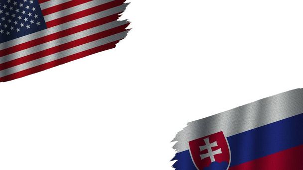 Σλοβακία και Ηνωμένες Πολιτείες της Αμερικής ΗΠΑ σημαίες μαζί, κυματιστή υφασμάτινη υφή επίδραση, Ορατότητα σκίστηκε Weathered, έννοια κρίσης, 3D εικονογράφηση - Φωτογραφία, εικόνα