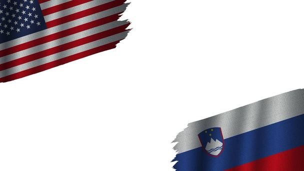 Słowenia i Stany Zjednoczone Ameryki Flagi USA Razem, Efekt tekstury tkaniny falistej, Przestarzała pogoda, Koncepcja kryzysu, Ilustracja 3D - Zdjęcie, obraz