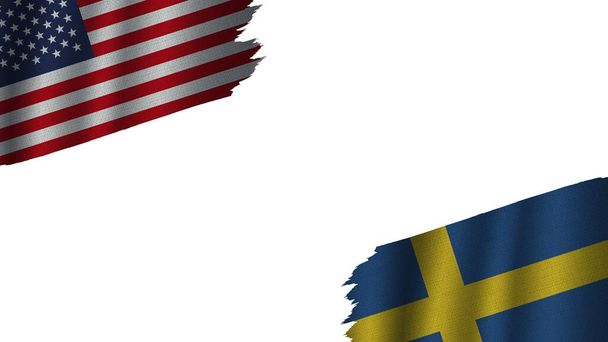 Σουηδία και Ηνωμένες Πολιτείες της Αμερικής ΗΠΑ Σημαίες μαζί, κυματιστή υφασμάτινη υφή επίδραση, Ορατότητα σκίστηκε Weathered, Κρίση Concept, 3D εικονογράφηση - Φωτογραφία, εικόνα