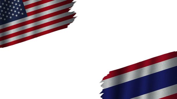 Tajlandia i Stany Zjednoczone Ameryki Flagi USA Razem, Efekt tekstury falistej tkaniny, Przestarzała pogoda, Koncepcja kryzysowa, Ilustracja 3D - Zdjęcie, obraz