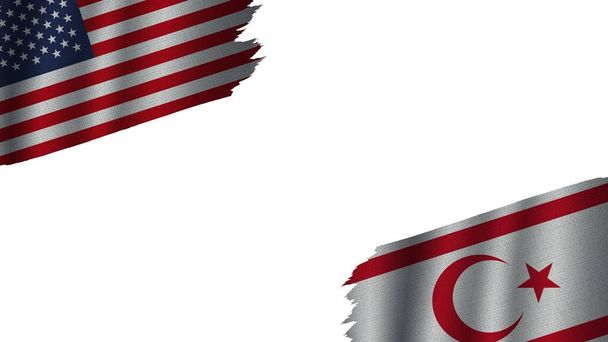 Północny Cypr i Stany Zjednoczone Ameryki Flagi USA Razem, Efekt tekstury falistej tkaniny, Przestarzała pogoda, Koncepcja kryzysowa, Ilustracja 3D - Zdjęcie, obraz