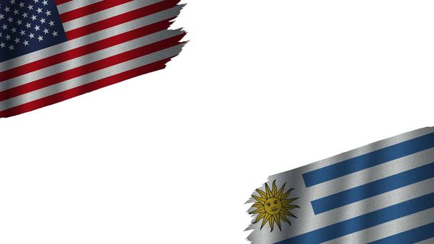 Ουρουγουάη και Ηνωμένες Πολιτείες της Αμερικής ΗΠΑ σημαίες μαζί, κυματιστή υφασμάτινη υφή επίδραση, Ορατότητα σκίστηκε Weathered, έννοια κρίσης, 3D εικονογράφηση - Φωτογραφία, εικόνα