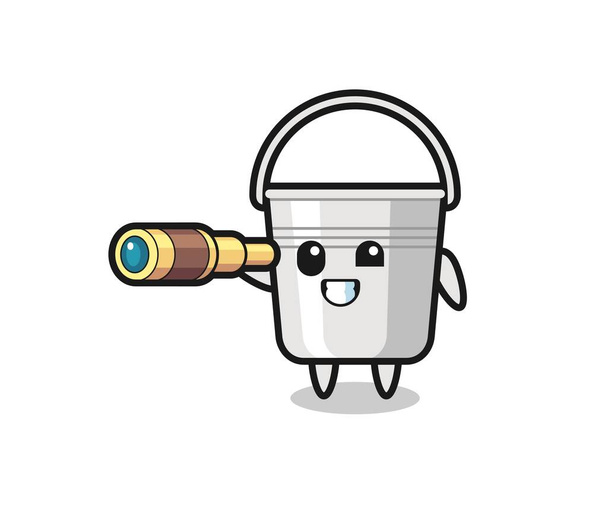 personagem de balde de metal bonito está segurando um telescópio antigo, design de estilo bonito para t-shirt, adesivo, elemento logotipo - Vetor, Imagem