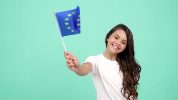 bambino con volto sorridente sventolando l'unione europea bandiera blu mostrando pollice in alto, unione europea - Filmati, video