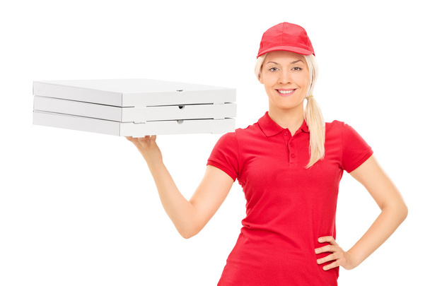 Pizza delivery girl holding boxes - Valokuva, kuva