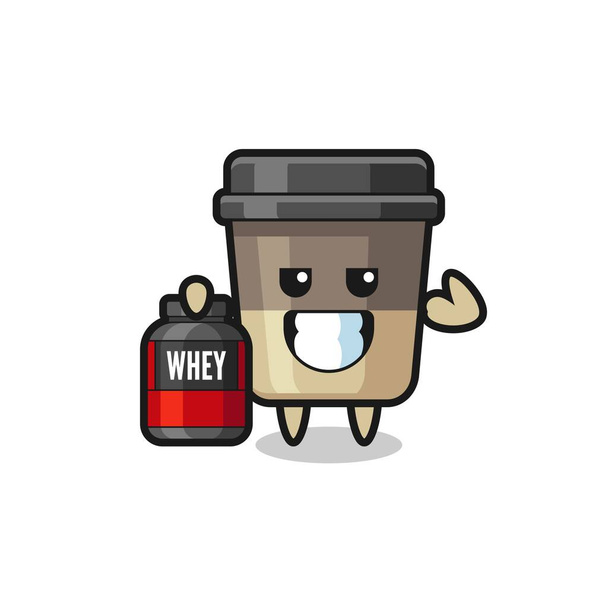 az izmos kávé csésze karakter tart egy fehérje kiegészítés, aranyos stílus design póló, matrica, logó elem - Vektor, kép