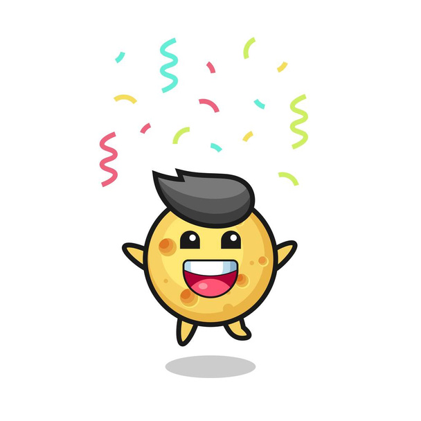 счастливый круглый сыр талисман прыжки для поздравления с цветом конфетти, милый дизайн стиля для футболки, наклейки, элемент логотипа - Вектор,изображение