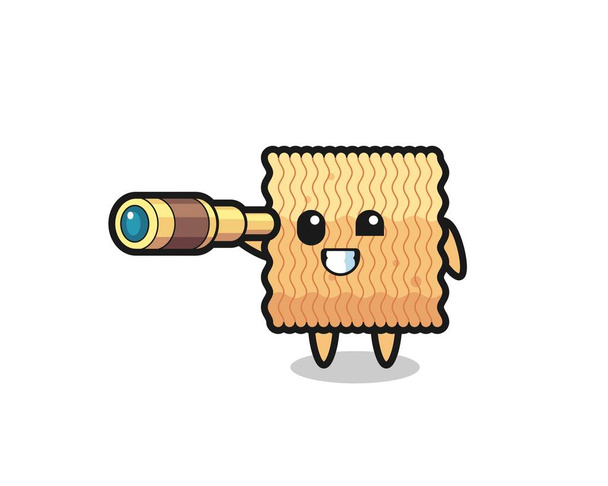 cute raw instant noodle character is holding an old telescope , cute style design for t shirt, sticker, logo element - Vector, Image