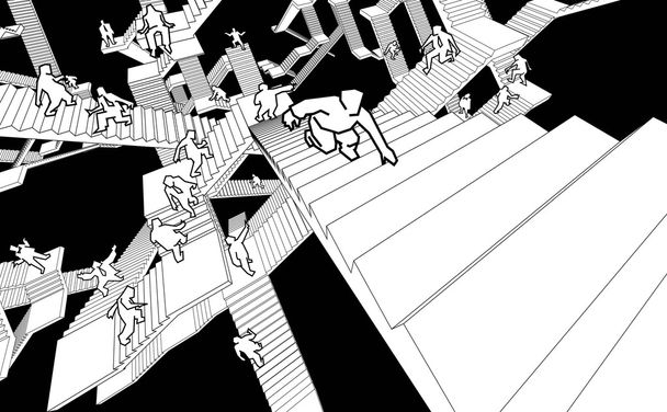 Lost and confused running upwards and downwards a labyrinth of stairs - Vector, Image