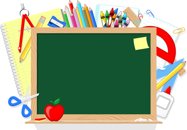 Schoolbord en schoolbenodigdheden - Vector, afbeelding