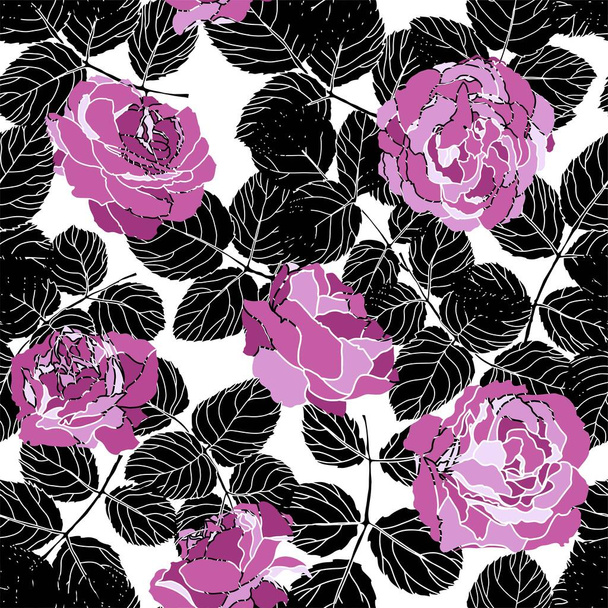 Decorative floral background with blooming flowers and foliage, monochrome branches and leaves. Peonies or pink roses, wallpaper or print design. Exotic botany composition. Vector in flat style - Vetor, Imagem