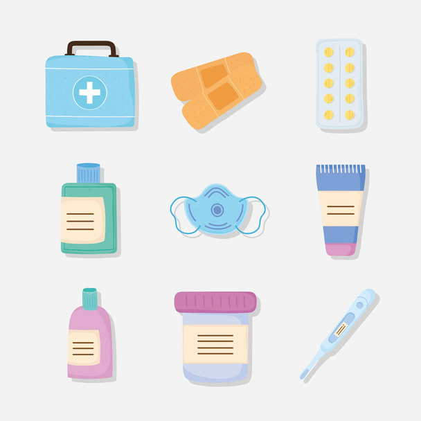 kits de medicina nueve iconos - Vector, imagen