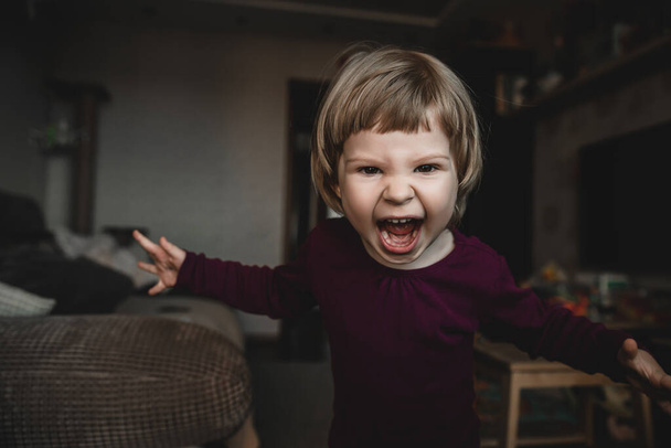 A cute emotional little child screams, cries and tries to scare. Quarantine and isolation emotional states. - Foto, afbeelding