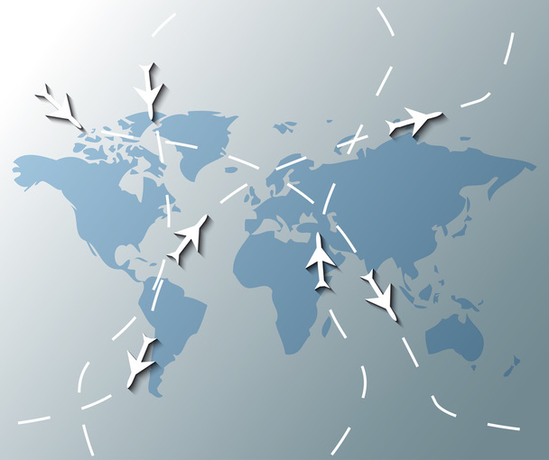 Illustration of world map with airplanes - Vector, Image