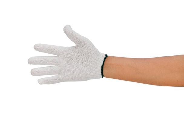 Рука человека в рабочей перчатке на белом фоне - обрезка дорожек - Фото, изображение