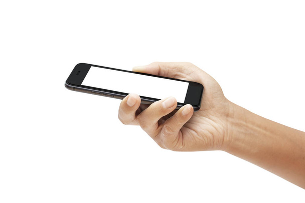 hand houden smartphone geïsoleerd op witte achtergrond - clipping paden - Foto, afbeelding