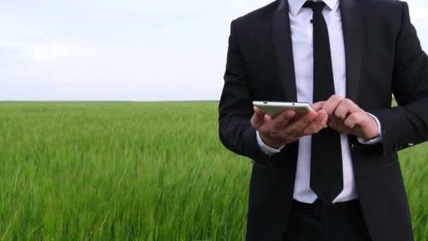 Männlicher Bauer mit Tablette auf einem Feld aus grünem Weizen. Anbau von Lebensmitteln. - Filmmaterial, Video