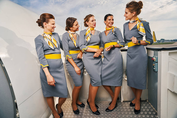 Pięć młodych, eleganckich, wesołych stewardess rozmawiających na dworze - Zdjęcie, obraz