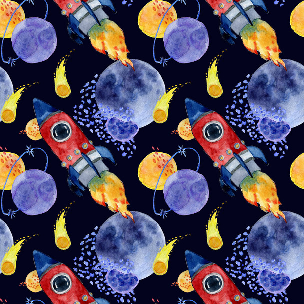 Rockets in the space watercolor seamless pattern design - Photo, Image