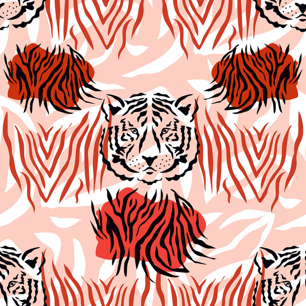 Tiger  beautiful  seamless pattern  in different colors in cartoon flat style. Modern fashion print  skin design for textile, fabric, wallpaper.  Safari style. Vector illustration - Vettoriali, immagini