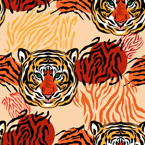 Tiger  beautiful  seamless pattern  in different colors in cartoon realistic flat style. Modern fashion print  skin design for textile, fabric, wallpaper.  Safari art style. Vector illustration - Διάνυσμα, εικόνα