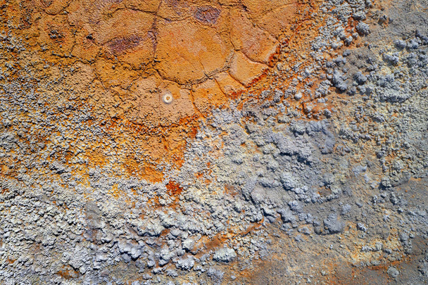 Polluted land background from abandoned copper mine, rough grey texture with chemicals and rusty dried pool, top view - Photo, Image