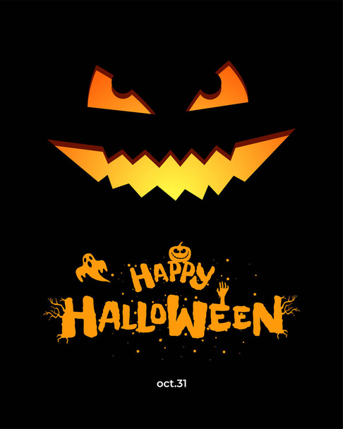 Happy Halloween osapuoli juliste suunnittelu malli. Jack O Lantern kurpitsa mustalla taustalla ja käsin piirretty kirjoitus aave. Perinteinen 31 lokakuu loma onnittelukortti. Vektoribanneri - Vektori, kuva