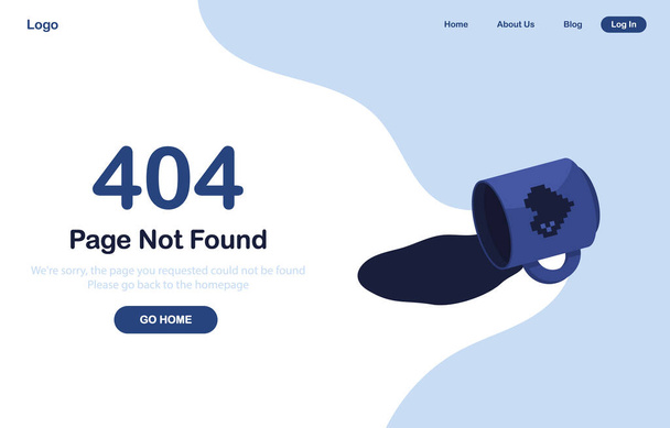 Векторная иллюстрация 404 страница ошибки не найдена. Системная ошибка, сломанная страница. Пролитой чашки чая или кофе, напитков, напитков. Кружка с сердцем. Для сайта. Web Template. Синий. Eps 10 - Вектор,изображение