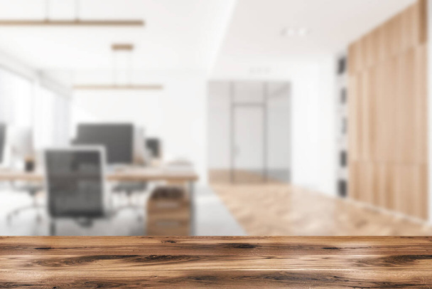 Blurred office room interior with good display for presentation and advertisement, panoramic window, desktop, armchair, wooden wall, desk, shelf with folders and concrete floor. 3d rendering - Foto, Bild