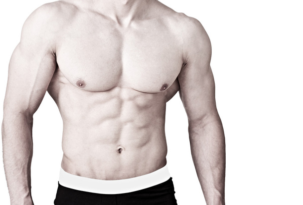 muskulöser männlicher Oberkörper Sixpack isoliert auf weiß - Foto, Bild
