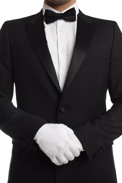 Butler in elegant uniform on white background, closeup - Foto, afbeelding