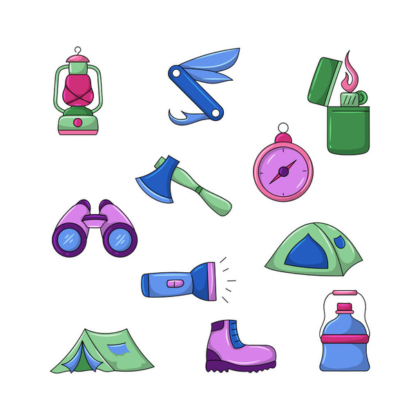 Camping and hiking icon set Colored vector illustration with simple hand drawn sketching style - Vector, imagen
