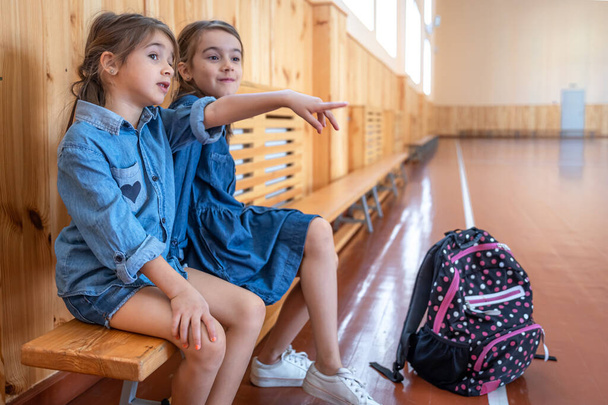 Kleine schattige meisjes, basisschoolmeisjes, met rugzakken na school in een lege school gym. - Foto, afbeelding