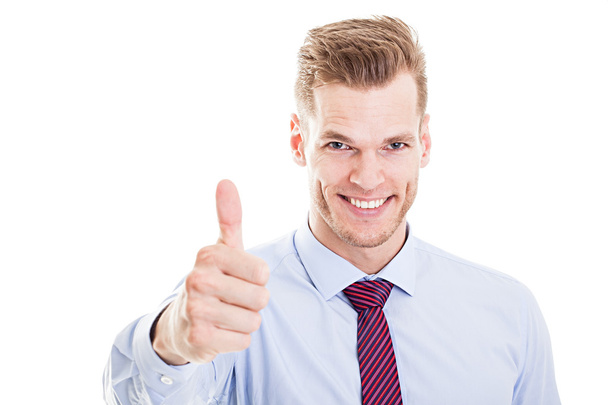 Усміхнений бізнесмен з великим пальцем вгору, ізольований на білому
 - Фото, зображення