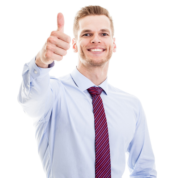 Smiling businessman with thumb up, isolated on whit - Fotoğraf, Görsel