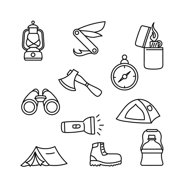 Camping y senderismo icono conjunto vector ilustración con simple dibujado a mano estilo de boceto - Vector, imagen