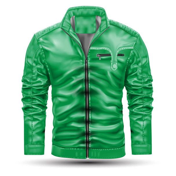 Реалистичная кожаная куртка зеленого цвета на белом фоне. - Вектор,изображение