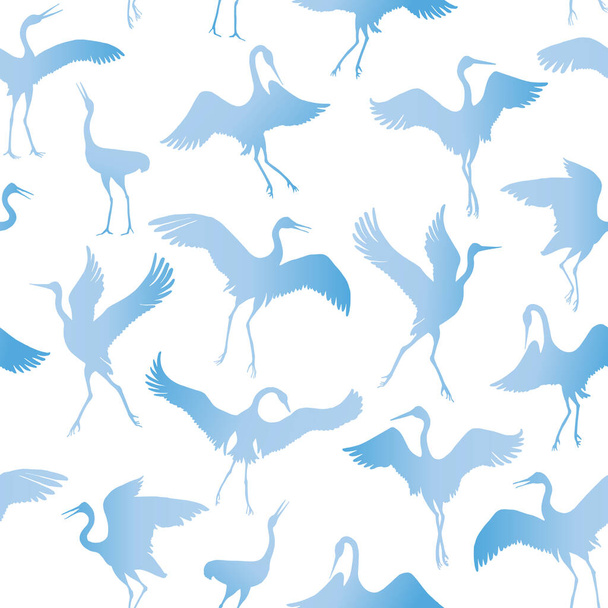 Vector seamless pattern of Dancing Japanese crane bird silhouette. Blue hand drawn sketches on a white background - Vektor, Bild