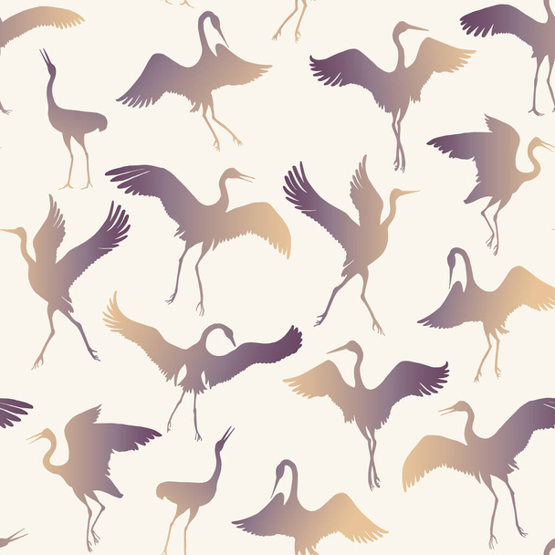 Patrón sin costura vectorial de pájaros grúa japoneses bailarines bocetos de silueta dibujados a mano sobre un fondo beige - Vector, imagen