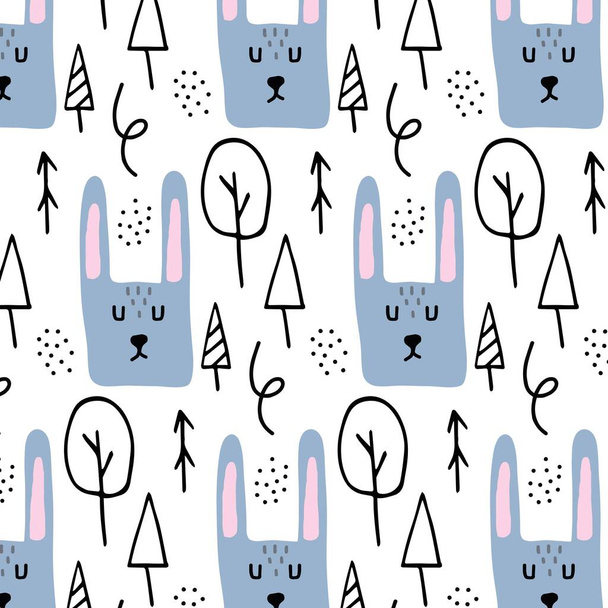  Vector childrens hand-drawn seamless pattern with hares. Pattern with a hares head and trees. Pattern for fabrics, wrapping paper, prints, postcards. - Vecteur, image
