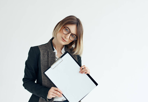 Business woman with folder in hands blank sheet Copy Space - Fotografie, Obrázek