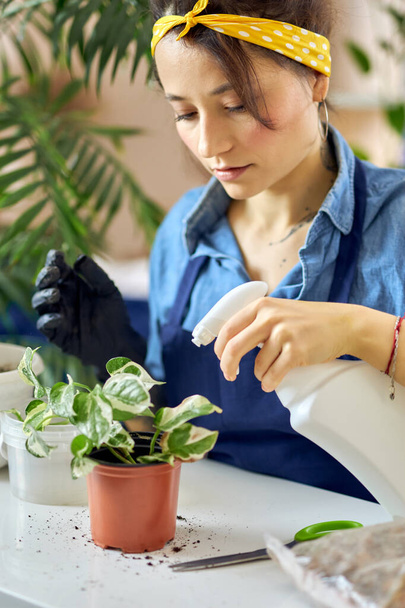 Портрет молодой женщины, распыляющей растения по утрам дома с помощью аэрозольной бутылки при поливе комнатных растений - Фото, изображение