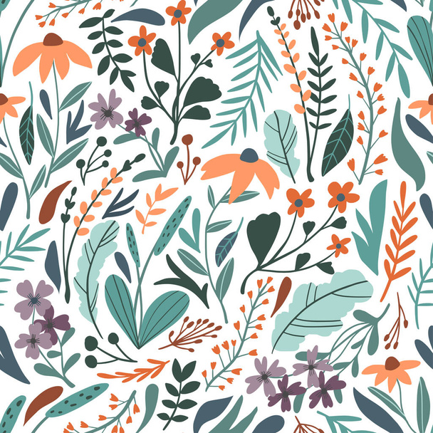 Flower seamless pattern. Vector texture with flat style floral elements: hand drawn wild flowers, leaves, herbs. Botany spring or summer collection. Cute hand drawn flat plants background - Vetor, Imagem