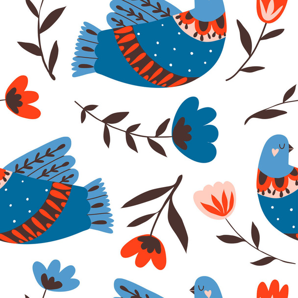 Seamless pattern with birds and flowers with different folk ornaments. Hand drawn flat doodle texture with stylized  decorative floral elements. Scandinavian style. Traditional decor. Vector  - Wektor, obraz