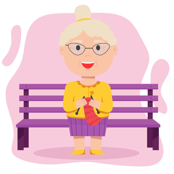 Grand-mère tricote assis sur un banc. Personnes âgées. - Vecteur, image
