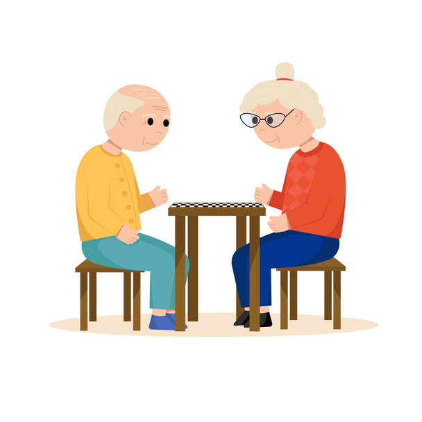 Бабушка с дедушкой играют в шашки. Пожилые люди. Плоская векторная иллюстрация. - Вектор,изображение