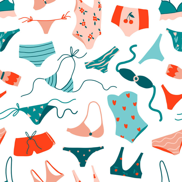 Woman beach clothes seamless pattern. Hand drawn swimsuit, bikini, monokini. Fashion colorful hand drawn texture for textile, fabric. Stylish swimwear design. Cute flat vector illustration on white - Vektori, kuva