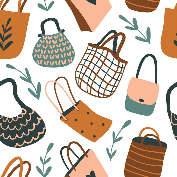 Textile and paper bags seamless pattern. Hand drawn eco life illustration. Flat vector illustration. Texture with doodle reusable shopping bags. Go green, no plastic concept. Zero waste shopping - ベクター画像
