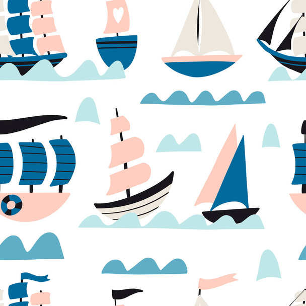 Nautical seamless pattern. Cute ships, sailboat, yachts and waves. Hand drawn flat vector illustration. Cartoon marine texture for textile, fabric. Childish background. Sea transport adventure - ベクター画像