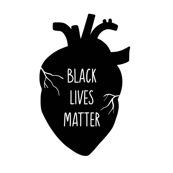 Black lives matter. Human heart shape. We are equal, no racism concept. Rights for all races. Flat style card, poster, banner with text. Different skin colors. Supporting social illustration. Vector - Vektor, obrázek